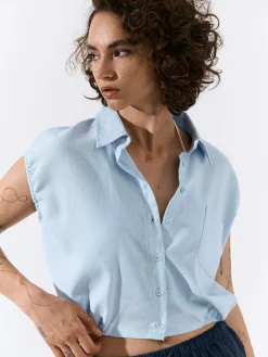 GATE Krótka koszula z domieszką lnu|Damskie Koszulki I Topy·Koszule Damskie