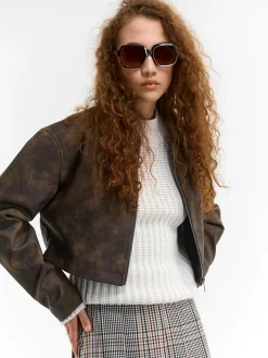 GATE Kurtka skórzana z efektem acid wash| Kurtki I Płaszcze·Kurtki Przejściowe