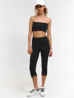 GATE Legginsy 3/4 z koronkowym wykończeniem| Spodnie·Legginsy