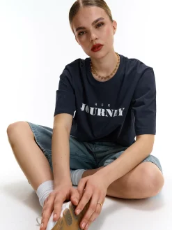 GATE Luźna bawełniana koszulka z nadrukiem| Koszulki I Topy·Koszulki|Koszulki I Topy·Koszulki Z Nadrukiem