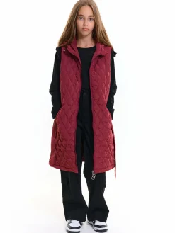 GATE Pikowana wydłużona kamizelka z kapturem i paskiem dla dziewczynki|Dzieci Dziewczynki·Kurtki I Płaszcze