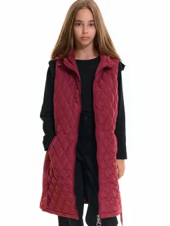 GATE Pikowana wydłużona kamizelka z kapturem i paskiem dla dziewczynki|Dzieci Dziewczynki·Kurtki I Płaszcze