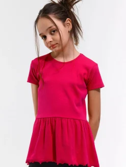 GATE Prążkowana, bawełniana koszulka z falbanką|Dzieci Dziewczynki·Ostatnie Sztuki Ubrania Dla Dziewczynek|Dziewczynki·Koszulki I Topy