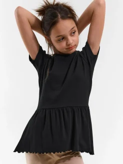 GATE Prążkowana, bawełniana koszulka z falbanką|Dzieci Dziewczynki·Koszulki I Topy