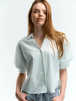 GATE Prążkowana koszula z balonowymi rękawami| Koszulki I Topy·Bluzki