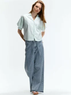 GATE Prążkowana koszula z balonowymi rękawami| Koszulki I Topy·Bluzki