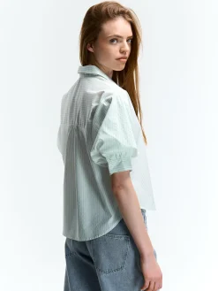 GATE Prążkowana koszula z balonowymi rękawami| Koszulki I Topy·Bluzki