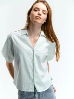 GATE Prążkowana koszula z balonowymi rękawami| Koszulki I Topy·Bluzki