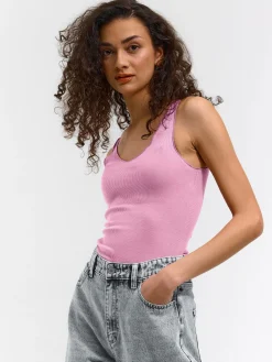 GATE Prążkowany top bez rękawów z falowanym brzegiem| Koszulki I Topy·Podkoszulki ☀️