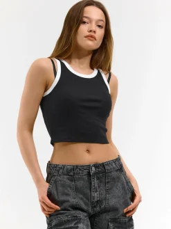 GATE Prążkowany top bez rękawów z kontrastowym obszyciem| Koszulki I Topy·Podkoszulki ☀️