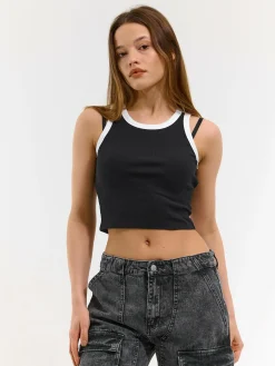 GATE Prążkowany top bez rękawów z kontrastowym obszyciem| Koszulki I Topy·Podkoszulki ☀️