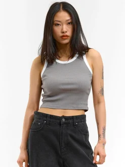 GATE Prążkowany top bez rękawów z kontrastowym obszyciem| Koszulki I Topy·Podkoszulki ☀️