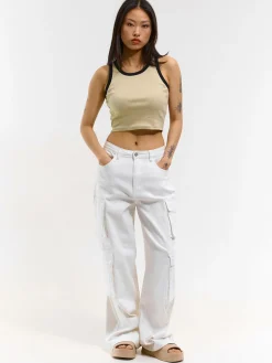 GATE Prążkowany top bez rękawów z kontrastowym obszyciem| Koszulki I Topy·Podkoszulki ☀️