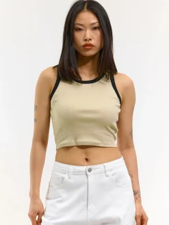 GATE Prążkowany top bez rękawów z kontrastowym obszyciem| Koszulki I Topy·Podkoszulki ☀️