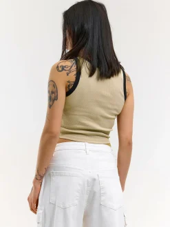 GATE Prążkowany top bez rękawów z kontrastowym obszyciem| Koszulki I Topy·Podkoszulki ☀️