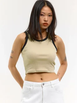 GATE Prążkowany top bez rękawów z kontrastowym obszyciem| Koszulki I Topy·Podkoszulki ☀️