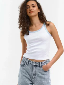 GATE Prążkowany top bez rękawów z kontrastowym obszyciem| Koszulki I Topy·Podkoszulki ☀️