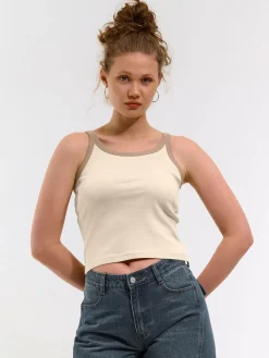 GATE Prążkowany top bez rękawów z kontrastowym obszyciem| Koszulki I Topy·Podkoszulki ☀️