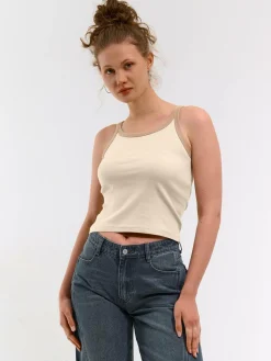 GATE Prążkowany top bez rękawów z kontrastowym obszyciem| Koszulki I Topy·Podkoszulki ☀️