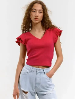 GATE Prążkowany top z falbankami| Koszulki I Topy·Topy