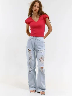 GATE Prążkowany top z falbankami| Koszulki I Topy·Topy