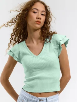 GATE Prążkowany top z falbankami| Koszulki I Topy·Topy