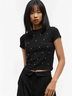 GATE Prążkowany top z ozdobnymi kryształkami| Koszulki I Topy·Topy