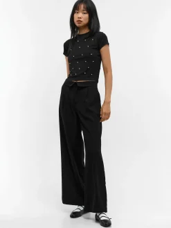 GATE Prążkowany top z ozdobnymi kryształkami| Koszulki I Topy·Topy