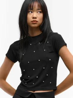 GATE Prążkowany top z ozdobnymi kryształkami| Koszulki I Topy·Topy