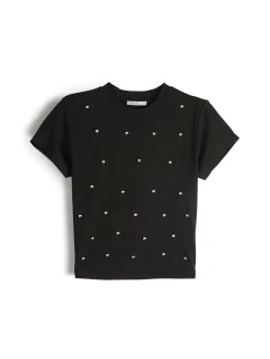 GATE Prążkowany top z ozdobnymi kryształkami| Koszulki I Topy·Topy