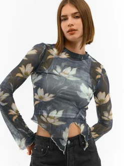 GATE Siateczkowy top z kwiatowym nadrukiem| Koszulki I Topy·Topy