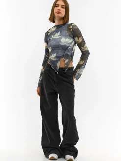 GATE Siateczkowy top z kwiatowym nadrukiem| Koszulki I Topy·Topy