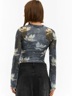 GATE Siateczkowy top z kwiatowym nadrukiem| Koszulki I Topy·Topy