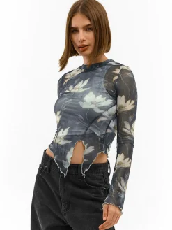 GATE Siateczkowy top z kwiatowym nadrukiem| Koszulki I Topy·Topy