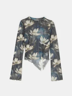 GATE Siateczkowy top z kwiatowym nadrukiem| Koszulki I Topy·Topy