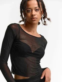 GATE Siateczkowy top z ozdobnymi kryształkami| Koszulki I Topy·Topy