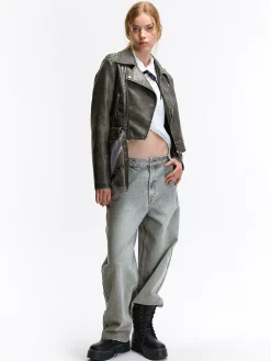 GATE Skórzana kurtka motocyklowa z efektem wyblaknięcia| Kurtki I Płaszcze·Kurtki Przejściowe