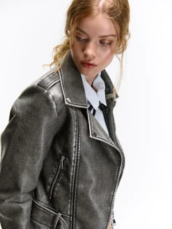 GATE Skórzana kurtka motocyklowa z efektem wyblaknięcia| Kurtki I Płaszcze·Kurtki Przejściowe