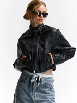 GATE Skórzana kurtka z wysokim kołnierzem| Kurtki I Płaszcze·Kurtki Przejściowe