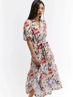 GATE Sukienka w kwiaty z domieszką lnu| Kategorie·Sukienki