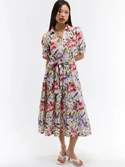 GATE Sukienka w kwiaty z domieszką lnu| Kategorie·Sukienki