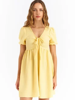 GATE Teksturowana damska sukienka z bufiastymi rękawami| Kategorie·Sukienki