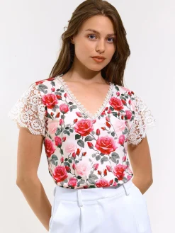 GATE Top w kwiaty z koronką| Koszulki I Topy·Topy