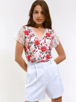 GATE Top w kwiaty z koronką| Koszulki I Topy·Topy