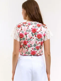 GATE Top w kwiaty z koronką| Koszulki I Topy·Topy