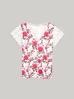 GATE Top w kwiaty z koronką| Koszulki I Topy·Topy